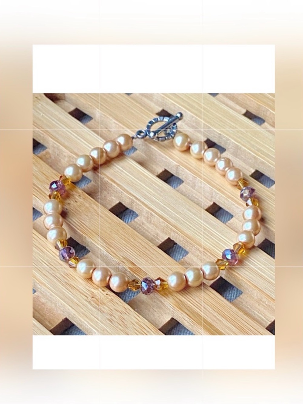 Champagne Plum Crystal Pearl Bracelet Silver Toggle Handmade Statement Jewelry